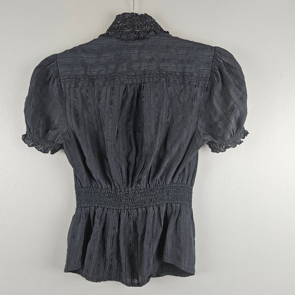 Bebe Black Lace Victorian Puff Sleeve ButtonUp Blouse Y2K Goth Romantic Corset - Picture 2 of 7